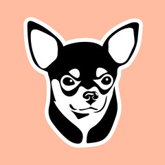 Pretty toy terrier as sticker for web design. Lovely puppy as sticker for design websites, logo, icons, signs, applications or social network communication. Portrait of a cute little dog. 
