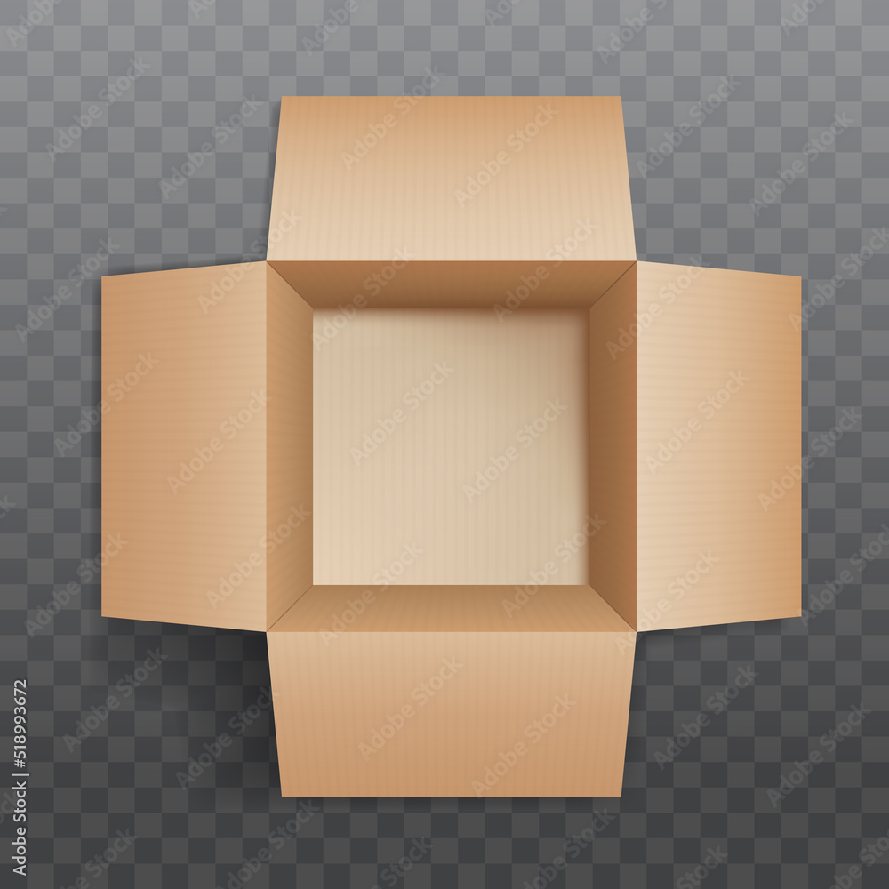 Aufkleber Mockup of a realistic cardboard box in an open form isolated on a transparent background. Vector illustration..