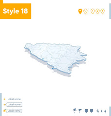 Bosnia And Herzegovina - 3d map on white background with water and roads. Vector map with shadow.