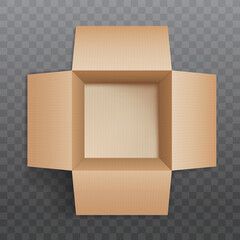 Mockup of a realistic cardboard box in an open form isolated on a transparent background. Vector illustration..