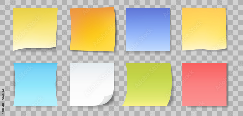 Poster set of eight note papers isolated on transparent background. vector illustration..