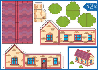 Paper craft kids game. Cut and glue of house. Printable template 3d model toys building. Children gaming activity art page. DIY worksheet. 