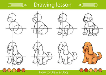Drawing tutorial. How to draw a dog. Kids worksheet and activity page. Children education step by step art lessons. Vector illustration.