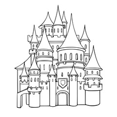 Obraz premium Coloring book of outline castle. Educational kids activity page and worksheet. Cartoon Isolated vector illustration.