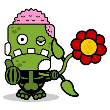 cartoon vector mascot halloween zombie skull green cute character holding flower