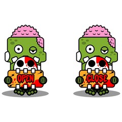 cartoon vector mascot halloween zombie skull green cute character holding open close board