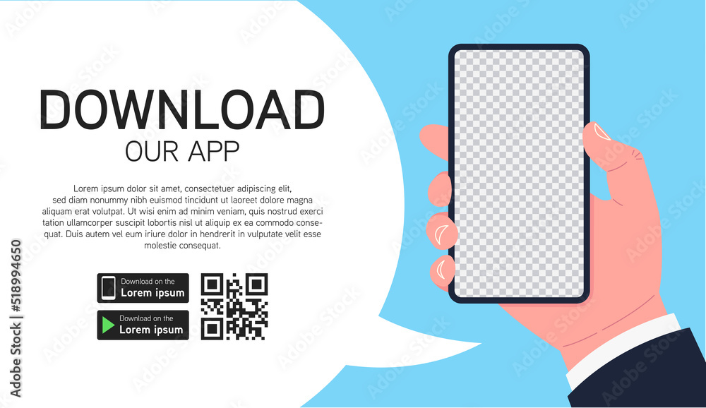 Poster web banner for downloading the mobile app. male hand holding smartphone with transparent background 