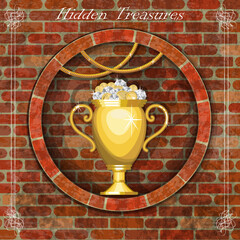 Hole in an old brick wall. Inside the niche there is a golden vase with treasures - diamonds, gold coins and other jewelry. Vector illustration