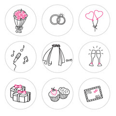 Wedding symbols. Set of Cartoon linear stickers in doodle style isolated on white background.