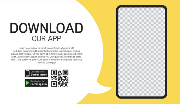 Web banner for downloading the mobile app. Smartphone with transparent background on screen isolated on yellow background. Vector illustration.