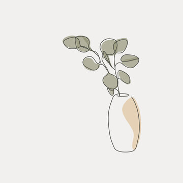 Eucalyptus Branch in a Vase, Single Line Illustration, Beige Aesthetic, Art Print, Post Card or Cover - Smart Stroke.
