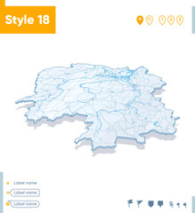 Hunan, China - 3d map on white background with water and roads. Vector map with shadow.