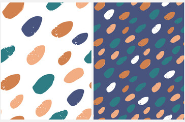 Abstract Hand Drawn Grunge Vector Pattern Set. Spots of Irregular Shape on White and Dark Blue Background. Modern Irregular Geometric Seamless Pattern ideal for Fabric, Textile. Cool Repeatable Print.