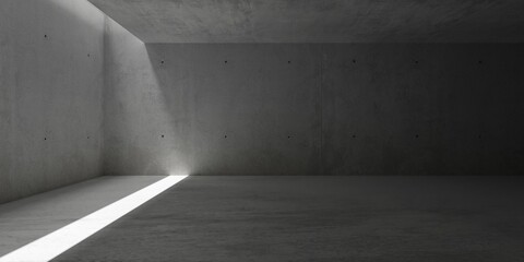 Abstract large, empty, modern concrete room, sunlight from opening in the ceiling on the left and rough floor - industrial interior background template