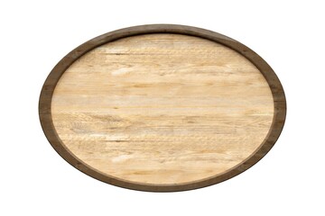 Oval round empty, blank wood sign, board or plaque with dark wood frame isolated on white background