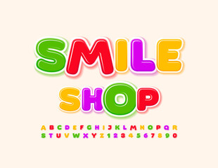 Vector colorful banner Smile Shop. Cute bright Font. Kids style Alphabet Letters and Numbers set