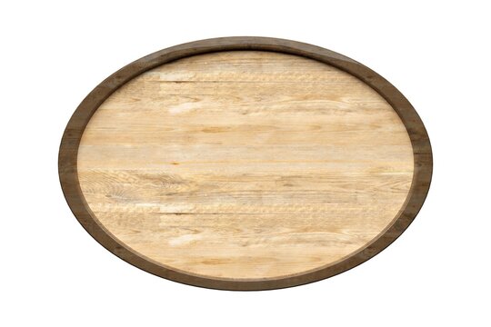 Oval Round Empty, Blank Wood Sign, Board Or Plaque With Dark Wood Frame Isolated On White Background