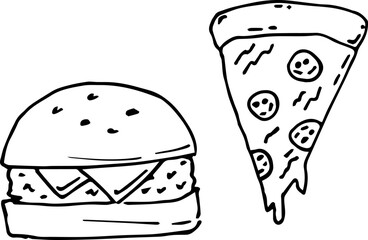 Pizza and burger. Vector illustration.