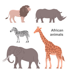 African animals set. Big elephant, giraffe, rhinoceros, lion and zebra. Herbivorous and carnivorous. Wildlife mammal. Fauna zoology. Flat vector collection illustration isolated on white background