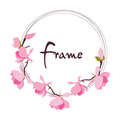 Set of blooming Japanese magnolia branches. Beautiful frame for thanking text, wedding inviting, web banner. Editable vector illustration