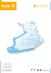 Finland - 3d map on white background with water and roads. Vector map with shadow.