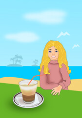 A young girl sitting by a table, on the beach, with a cup of coffee.
