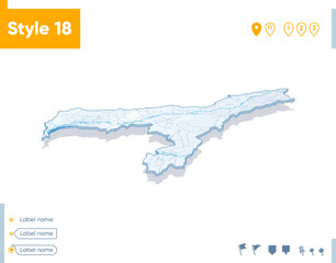 Assam, India - 3d map on white background with water and roads. Vector map with shadow.