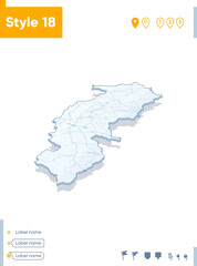 Chhattisgarh, India - 3d map on white background with water and roads. Vector map with shadow.