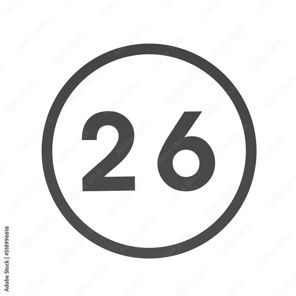 Poster gray number 26 in a circle on a white background. numbers and numbers. numbering. rendering an image