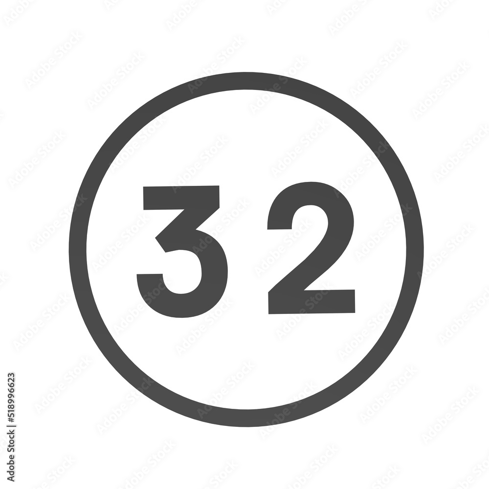 Poster gray number 32 in a circle on a white background. numbers and numbers. numbering. rendering an image
