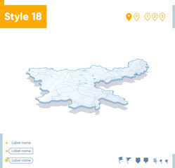 Jharkhand, India - 3d map on white background with water and roads. Vector map with shadow.