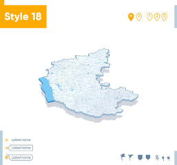 Karnataka, India - 3d map on white background with water and roads. Vector map with shadow.