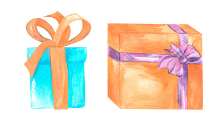 A set of painted watercolor gift boxes with bows isolated on a white background.