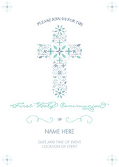 First Holy Communion Invitation with Blue and Teal Illustrated Floral Cross