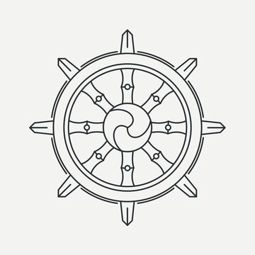Dharma Wheel symbol of Buddhism and Hinduism. Dharmachakra line art. Teach and walk to the path of Nirvana. Vector illustration