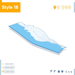 Bushehr, Iran - 3d map on white background with water and roads. Vector map with shadow.