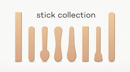 Ice cream wooden stick set realistic style with isolated on transparent background. Eco friendly food accesories. Medical tongue depressors. Vector 10 eps