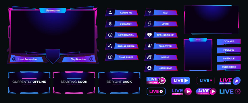 Streaming screen panel overlay design template neon theme. Live video, online stream futuristic technology style. Abstract digital user interface. Live streaming button. Vector 10 eps