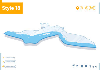 Hormozgan, Iran - 3d map on white background with water and roads. Vector map with shadow.