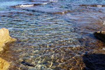 Rocky shore of the Mediterranean Sea in northern Israel.