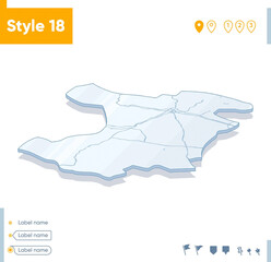 Qazvin, Iran - 3d map on white background with water and roads. Vector map with shadow.