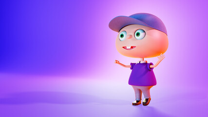 Funny cartoon boy with a surprised look, 3d render. Amazed boy points to an empty space, a banner for advertising