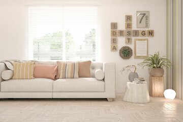 White living room with sofa. Scandinavian interior design. 3D illustration