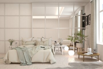 Soft color bedroom interior. Scandinavian design. 3D illustration