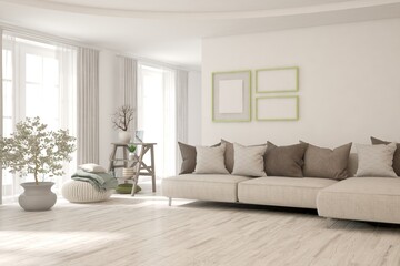 White living room with sofa. Scandinavian interior design. 3D illustration