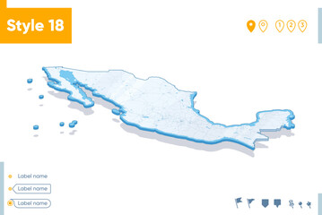 Mexico - 3d map on white background with water and roads. Vector map with shadow.