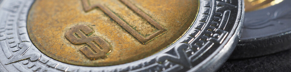 Coin of 1 Mexican peso close up. Peso of Mexico. News about economy or finance. Loan and credit. Wages and inflation. Focus on peso sign. Banner or headline. Macro