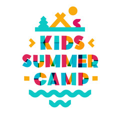 Vector kids summer camp banner with nature landscape consisting of trees, tent and campfire for holiday party, kids camping, fest, banner. 10 eps
