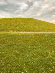 Idyllic Green Hill and Meadow Outdoor Summer Scene. Low-angle view of a fresh vivid green outdoor scene. Lush meadow of grass in the foreground. A large green hill stands tall in the background.