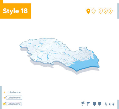 Vestfold Og Telemark, Norway - 3d Map On White Background With Water And Roads. Vector Map With Shadow.